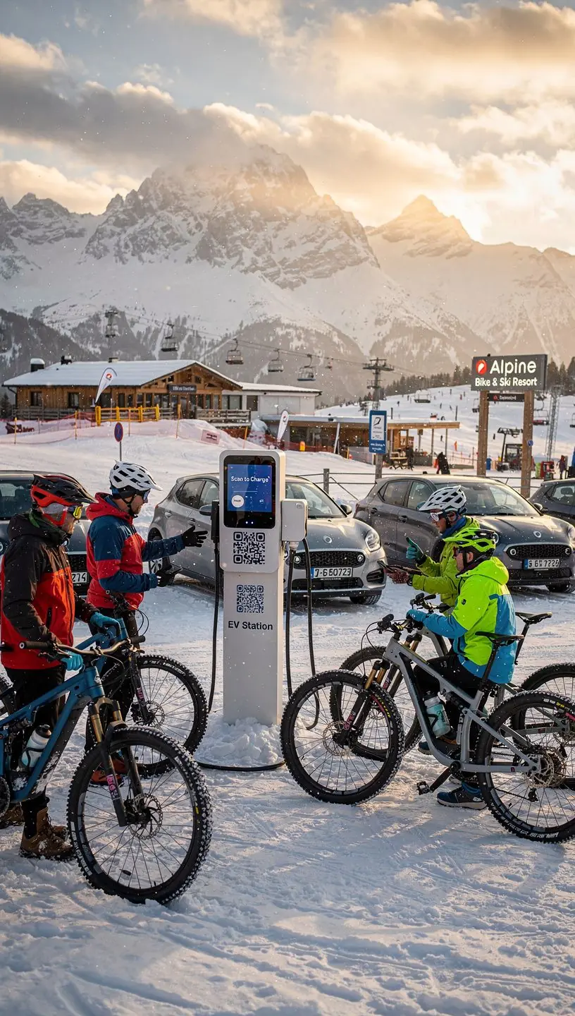 Moderne Ladestation für Elektrofahrzeuge mit kontaktlosem Ladesystem in einer urbanen Umgebung.