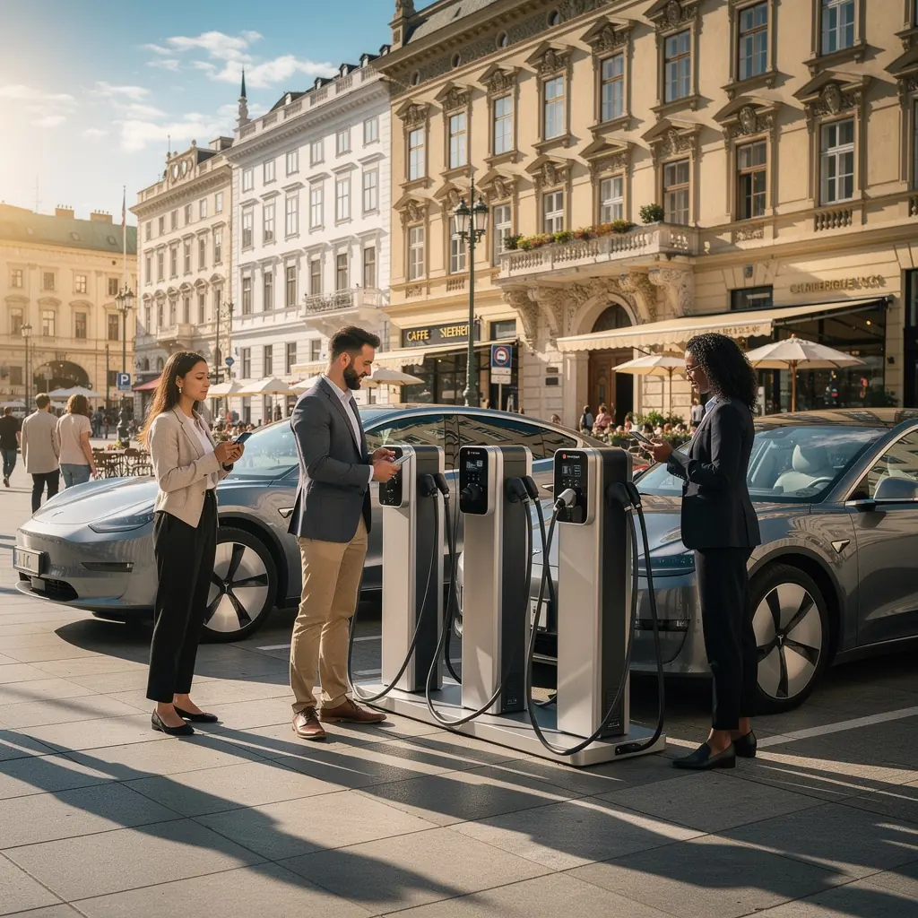 Smartphone zeigt eine mobile App zur Verwaltung von Ladestationen für Elektrofahrzeuge.