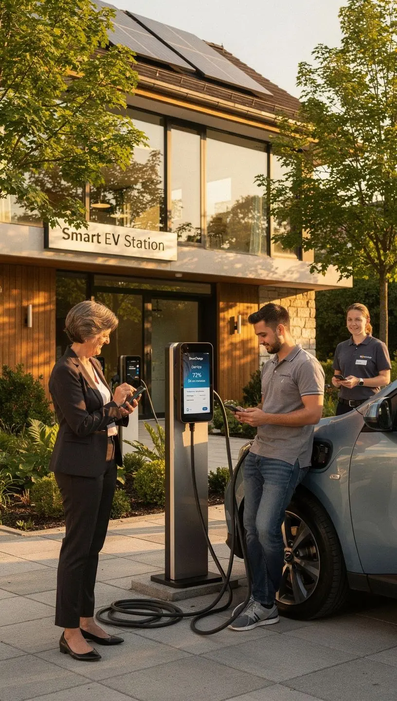 Ein beruhigendes Bild einer Ladestation bei Nacht, beleuchtet und bereit fГјr die Nutzung.