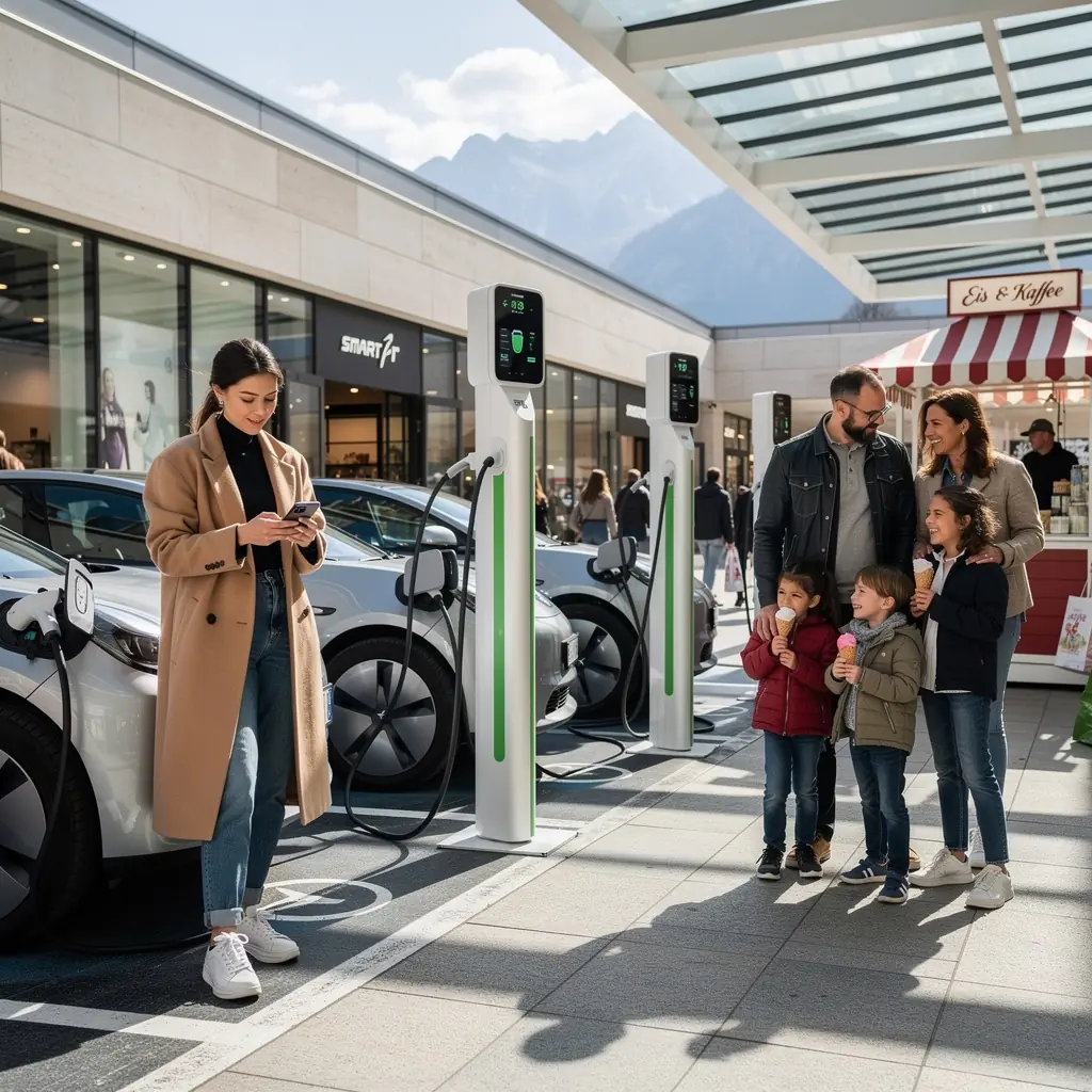 Elektroauto, das an einer Smart EV Station aufgeladen wird.