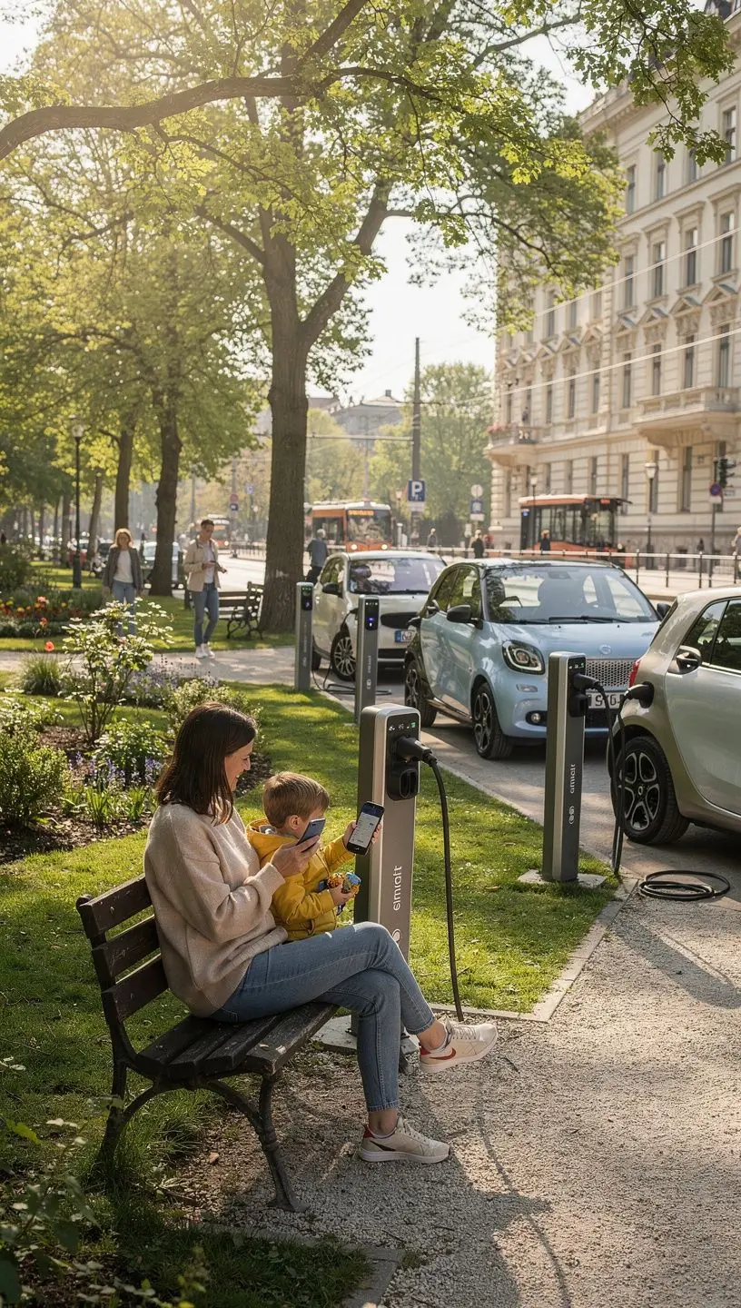 Ein modernes Elektrofahrzeug an einer intelligenten Ladestation mit digitaler Zahlungstechnologie.